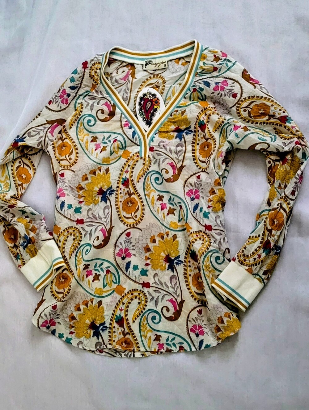 NWT! Fall Paisley Women's V-Neck Top Cotton Boho Floral Work Office Blouse Small